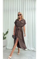 Sukienka Koszulowa Maxi Premium Wiązana w Pasie Elegancka Oversize Guziki Kieszenie - brąz